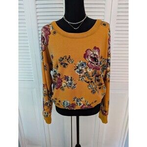 No Frills Los Angeles Sweatshirt Top Womens 2X Mustard Yellow Floral Open Back